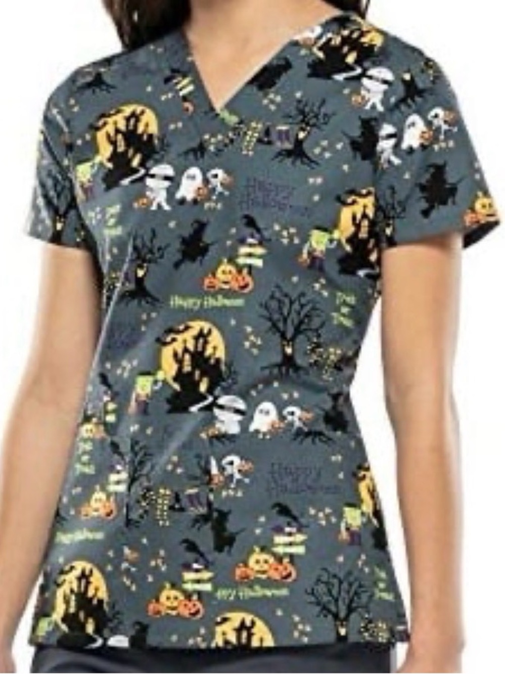 Women's Gray Halloween Print Short Sleeve Scrub Top